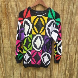 IB Diffusion Vtg '91 Black Neon Color Sequins GeoDesigns Sweater Womens Size S